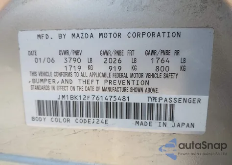 2006 Mazda Mazda3 I из США, поврежденный, VIN JM1BK12F761475481